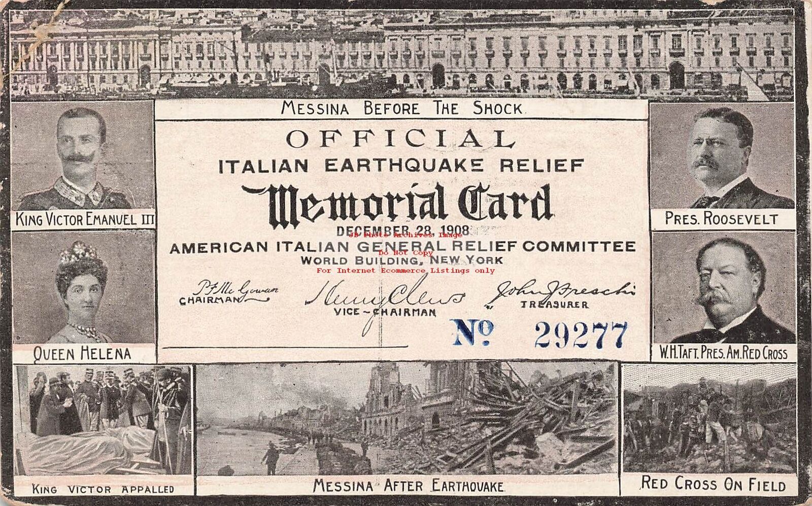 President Teddy Roosevelt, Italian Earthquake Relief Memorial Card