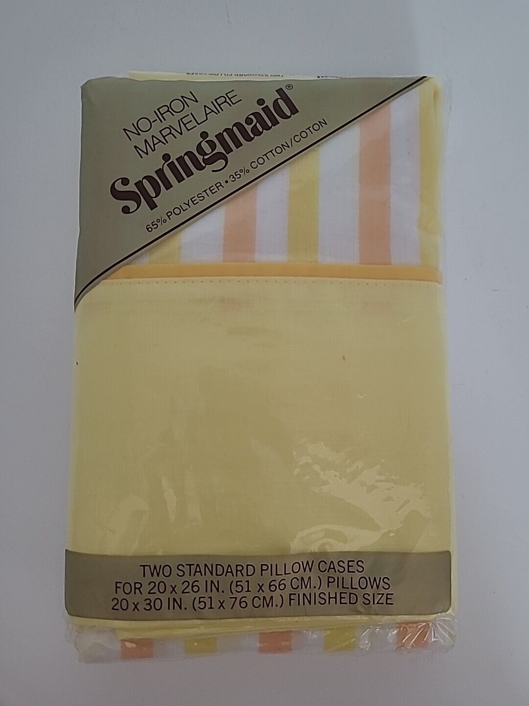 Vtg Springmaid NO-Iron Percale 2 Standard Pillowcases Yellow 20x26” NEW Stripe 