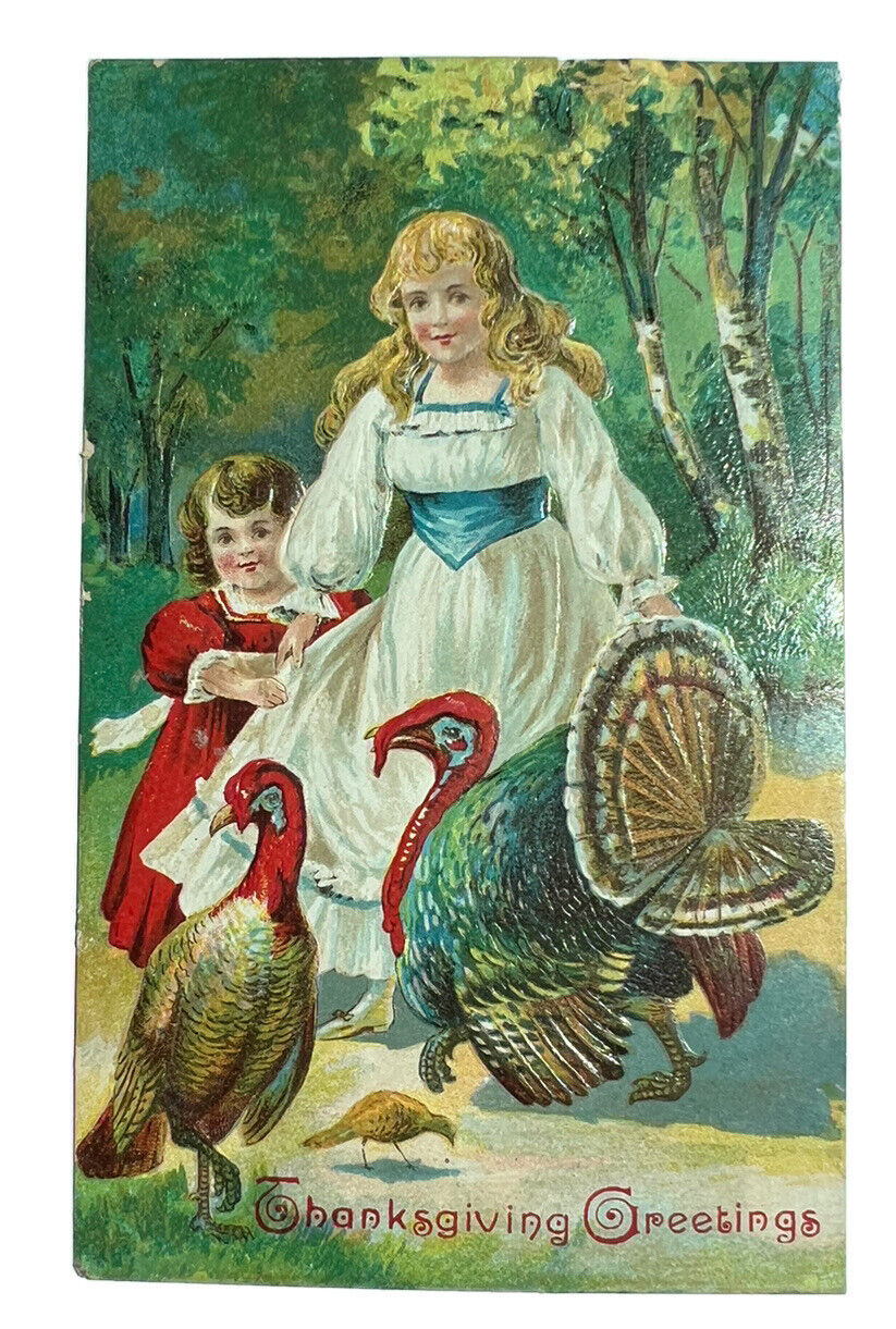 1903 THANKSGIVING GREETINGS GIRLS & TURKEYS Embossed Postcard Children B1