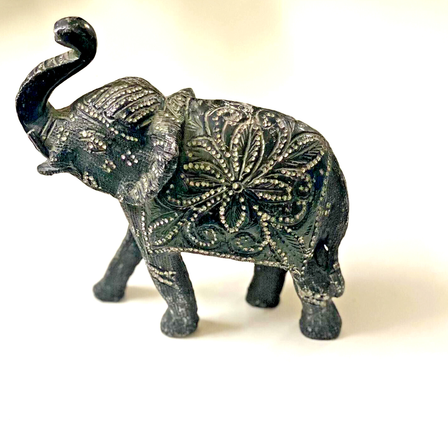 Vintage Big Elephant Statue Silver  metal black plated studded with silver beads