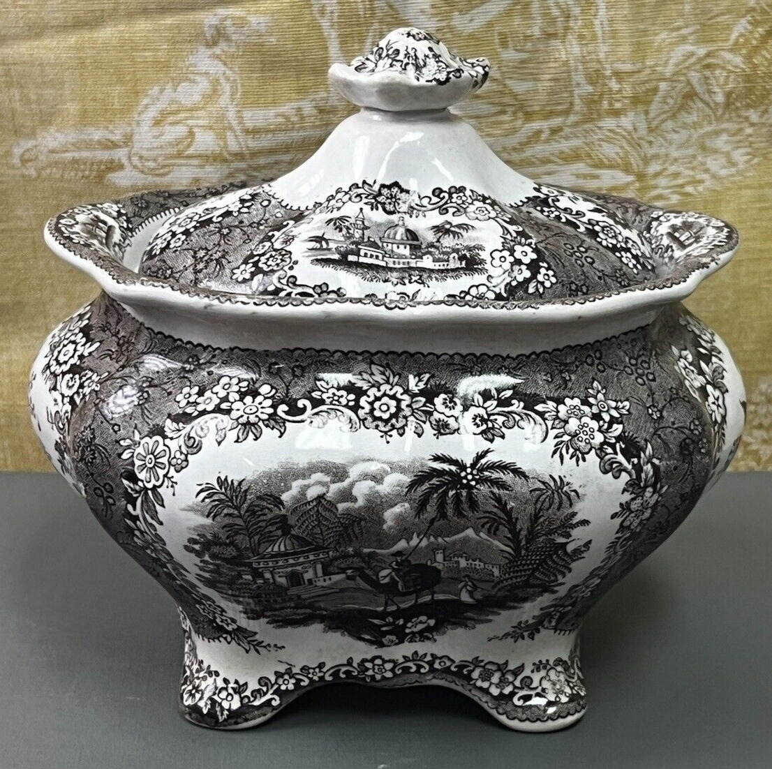 Antique Early 1800s Ridgway Oriental Brown Transferware Pottery Sugar Bowl