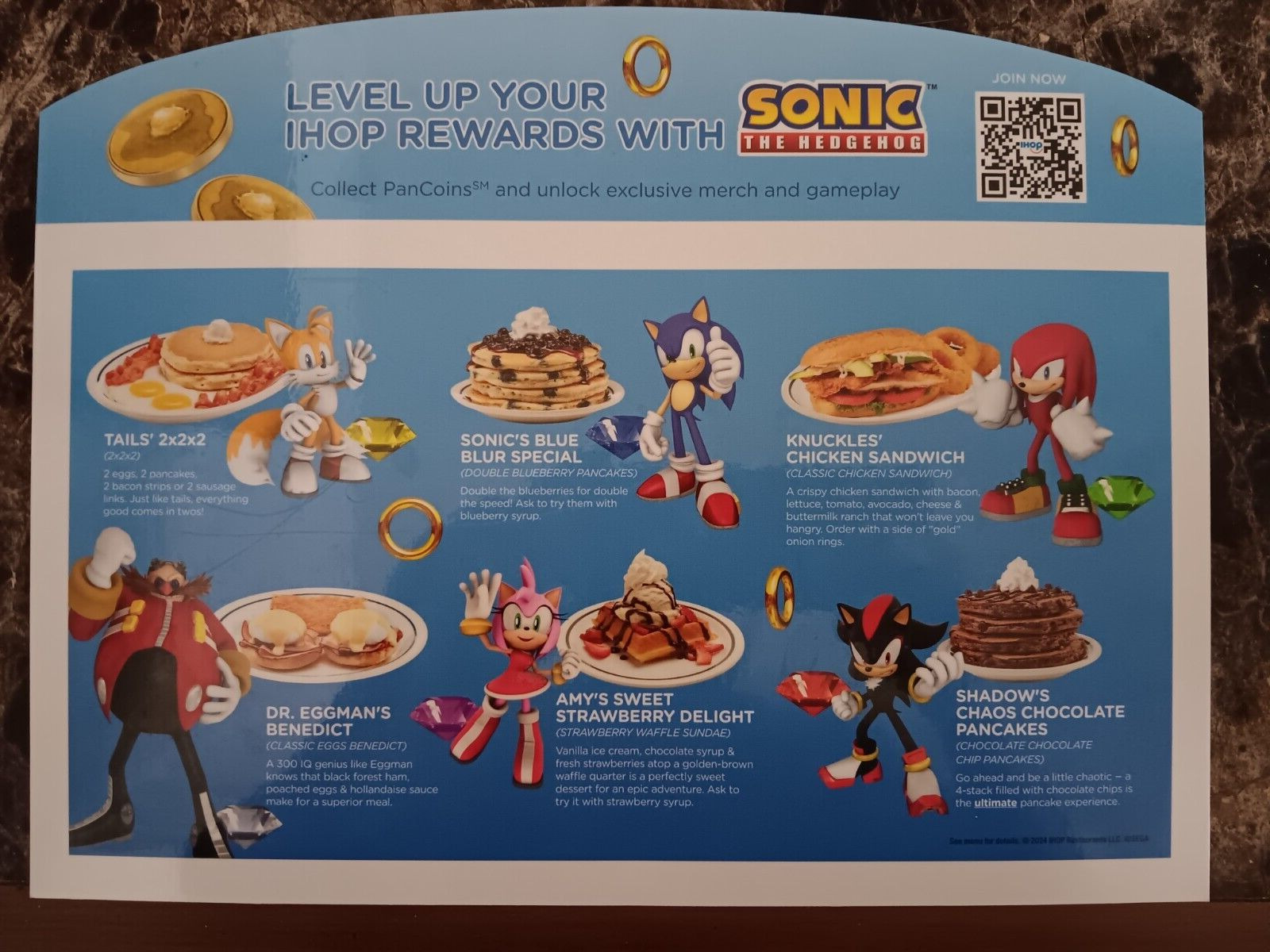 IHOP Sonic The Hedgehog Restaurant Promotional LTO Tabletop Flashcard 