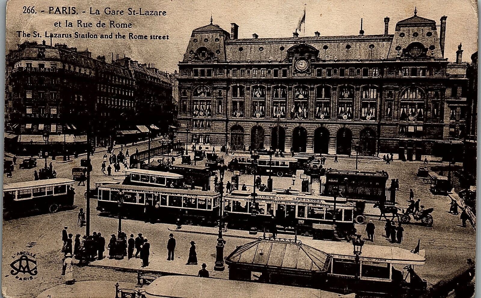 1925 PARIS ST. LAZARUS STATION ROME STREET TROLLEYS LITHOGRAPHIC POSTCARD 26-193