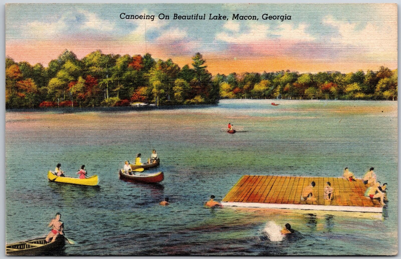 Macon Georgia, Canoeing On Beautiful Lake, Boating, Swimming, Vintage Postcard