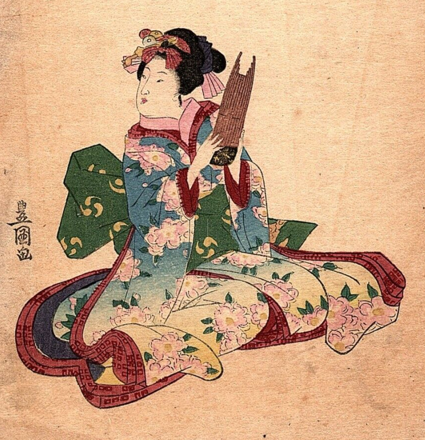 c.1910 Formosa Oolong Tea Ad Postcard Geisha a/s Utagawa Toyokuni Koto Flute