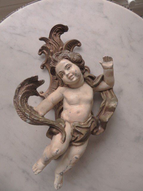 EXQUISITE Old Vintage French WALL SCONCE Cast Iron Metal CHERUB ANGEL Cream Gold