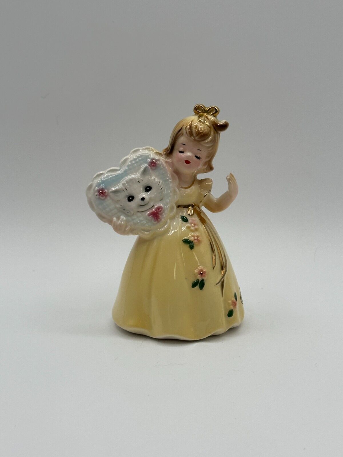 Vintage Josef Originals Needlepoint Girl in Yellow with Kitten Cross Stitch Rare
