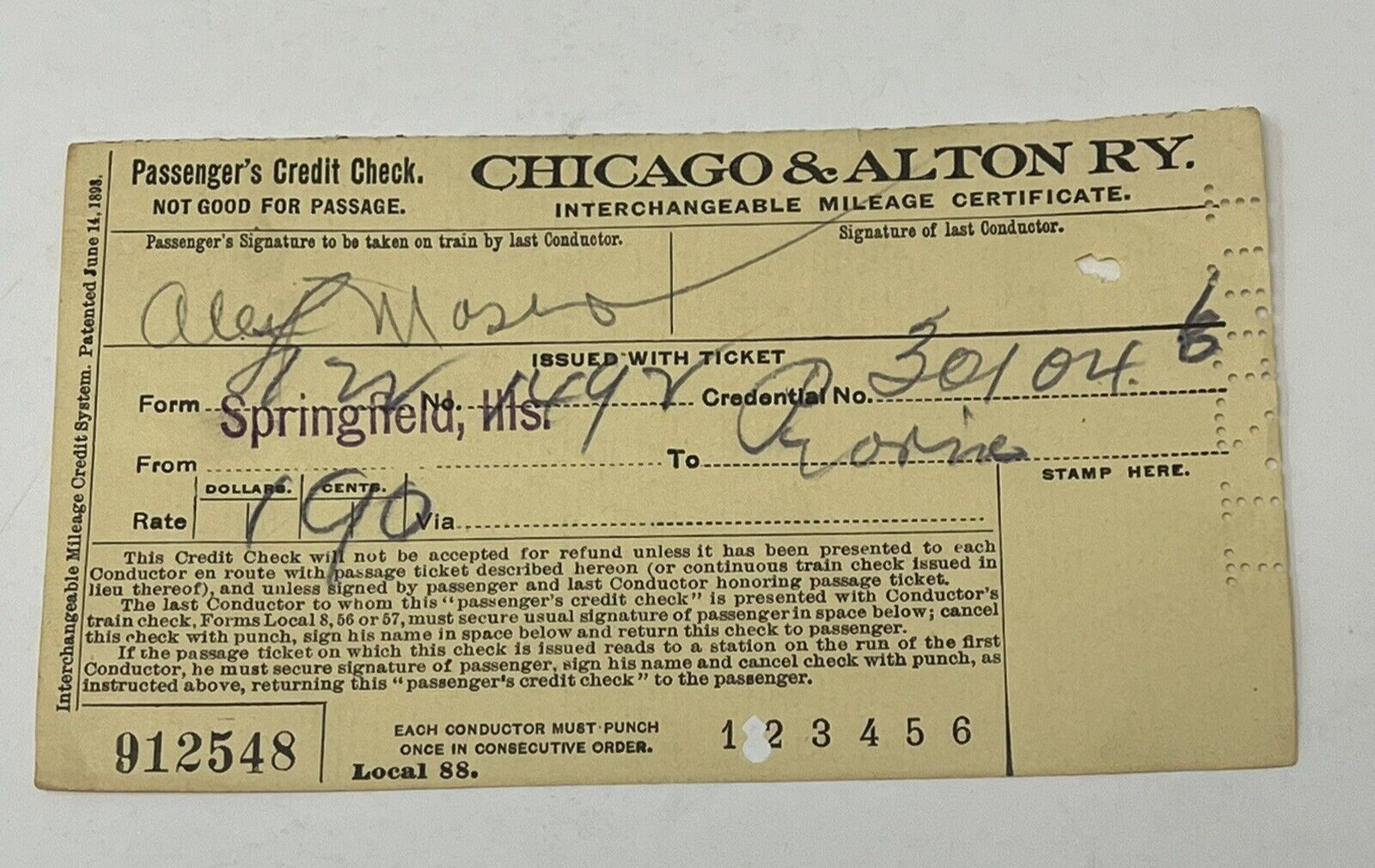 1901 Chicago & Alton Railroad Interchangeable Mileage Certificate Springfield IL
