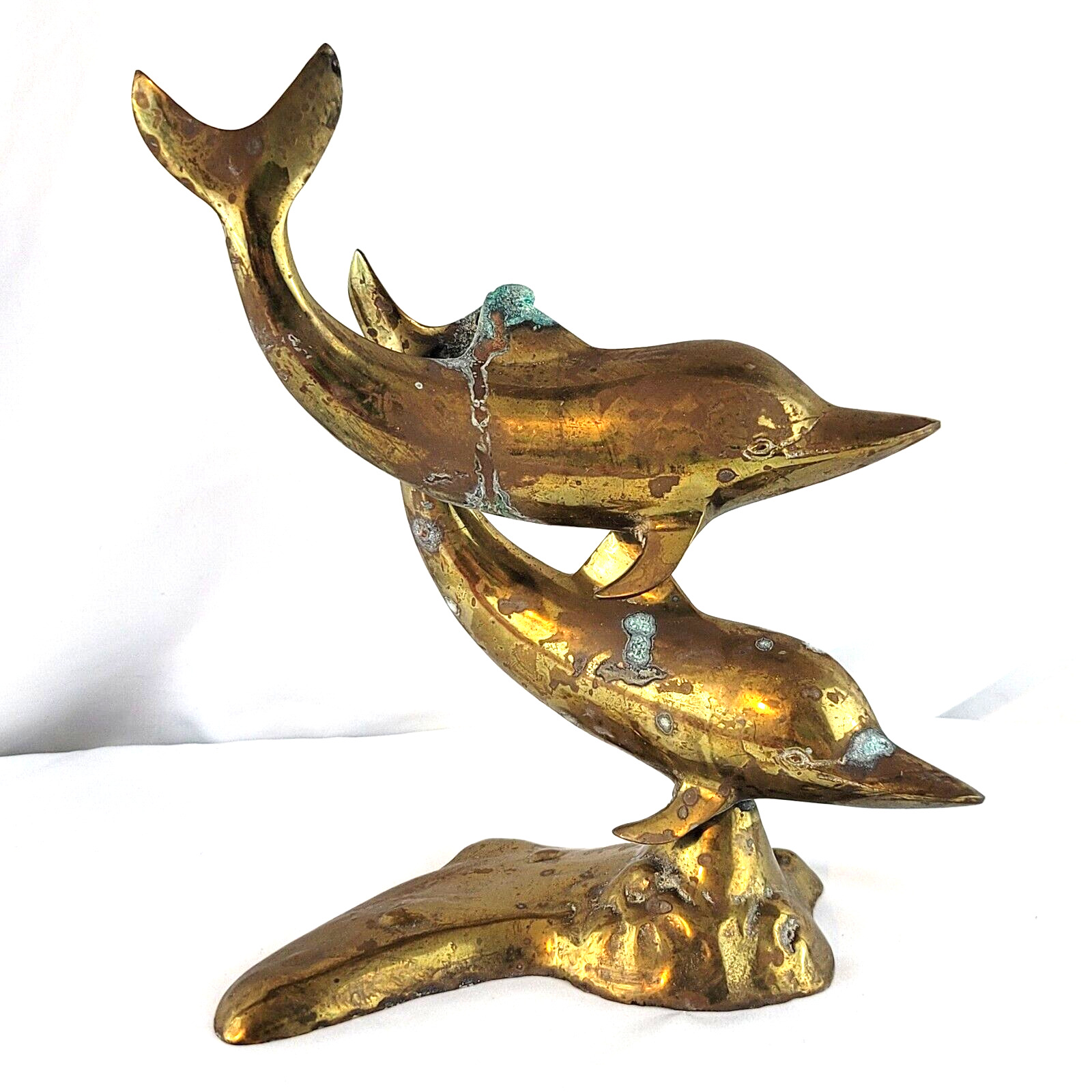 Vintage Brass Dolphin Sculpture Decoration Patina 10” Tall X 8.5” Wide Nautical 