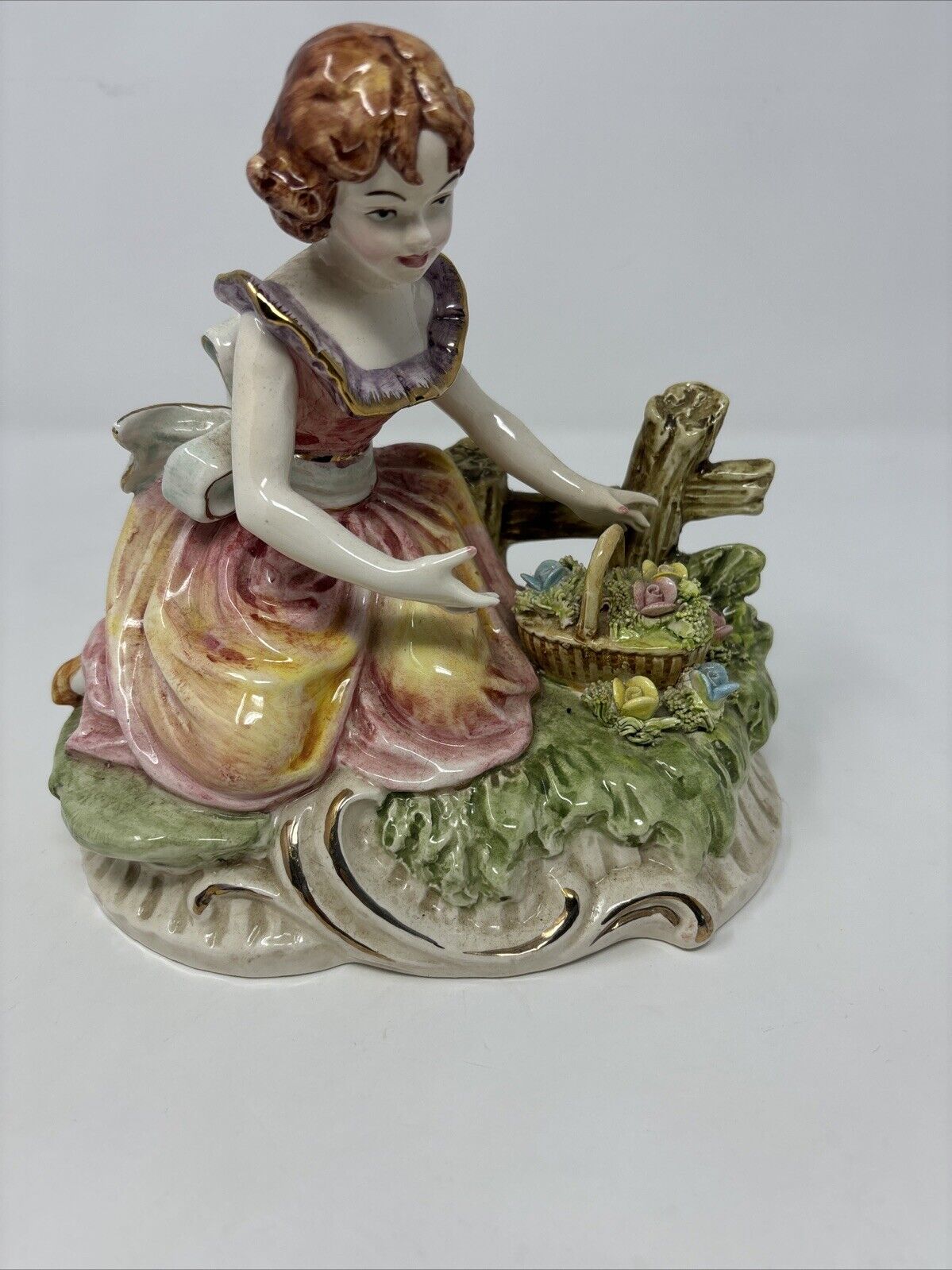 VTG ENESCO Girl in Flower garden, basket flowers figurine hand-painted-glazed