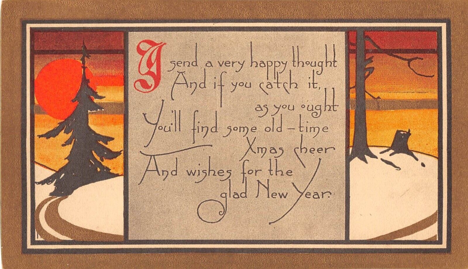 1912 Arts & Crafts New Year Motto PC-Trees Silhouetted in Snowy Sunset-A.M.Davis
