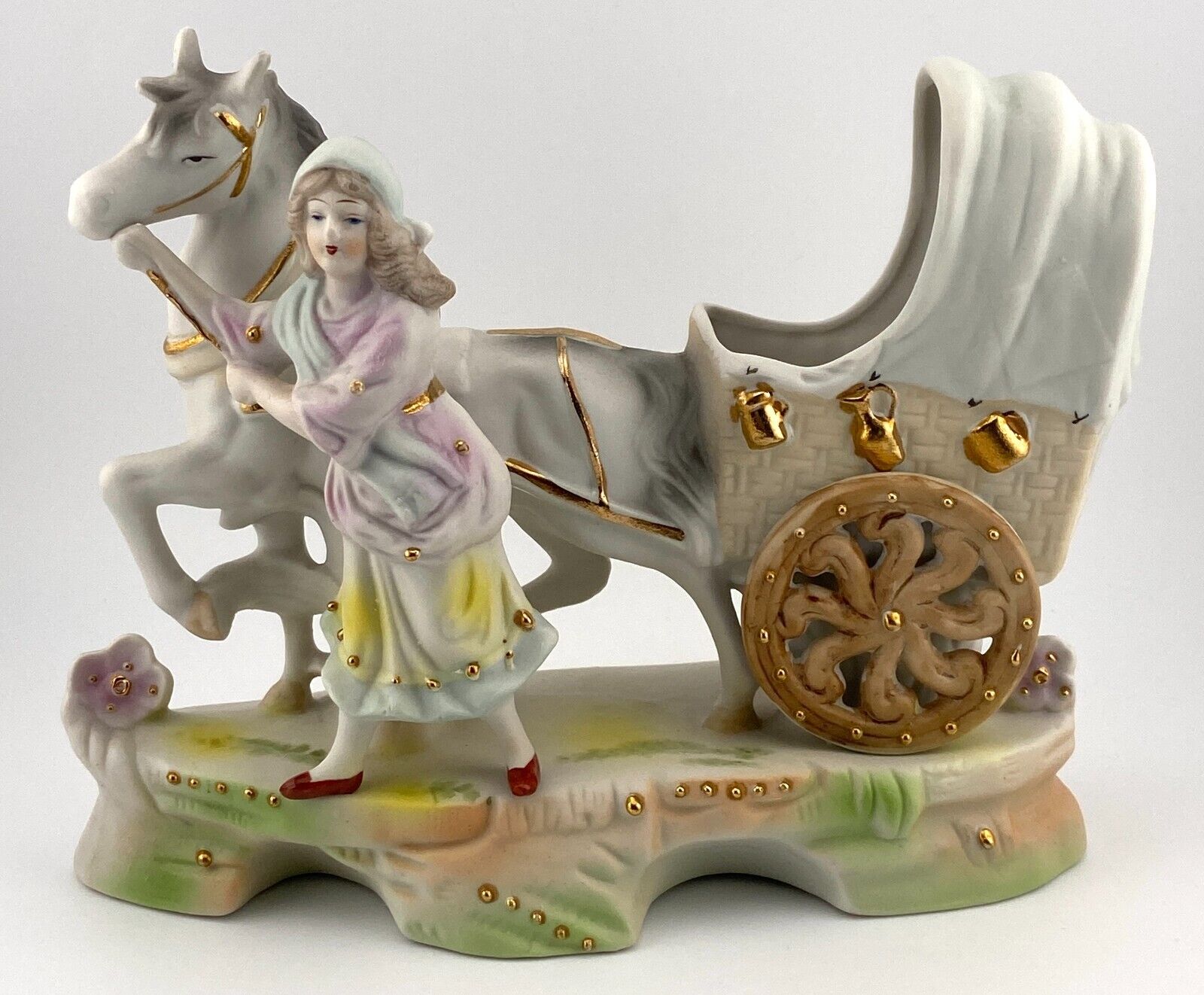 Paulux Made in Japan Girl w/Horse Drawn Carriage Porcelain Figurine ca. 1950\'s