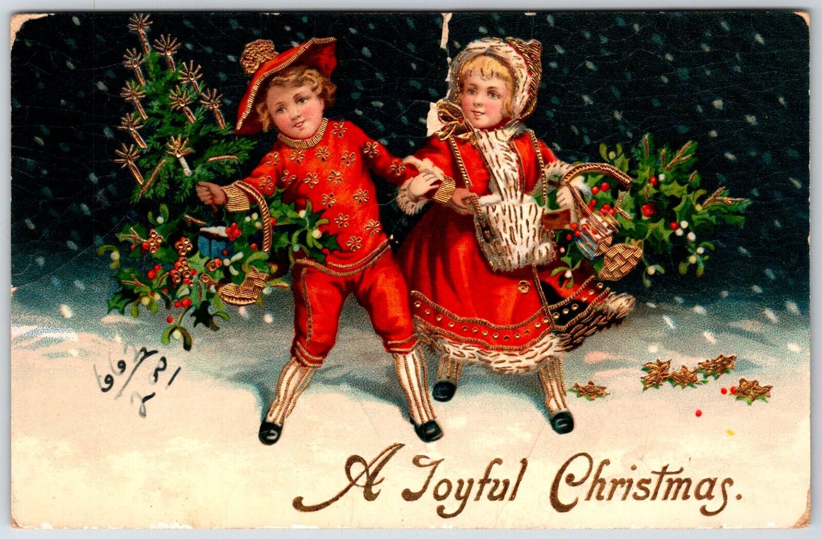 KIDS w/ CHRISTMAS TREE HAPPY NEW YEAR ANTIQUE EMBOSSED POSTCARD