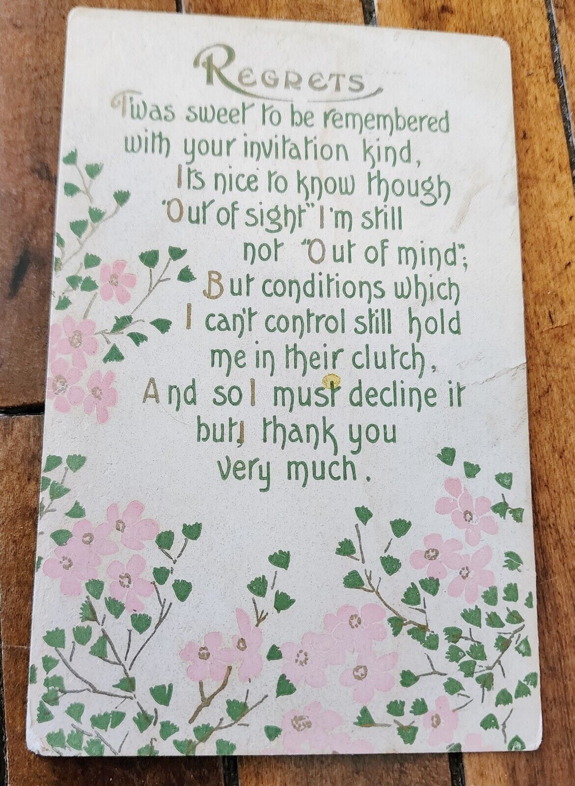 Vintage Regrets Postcard Floral Poetic Invitation Decline Unmailed
