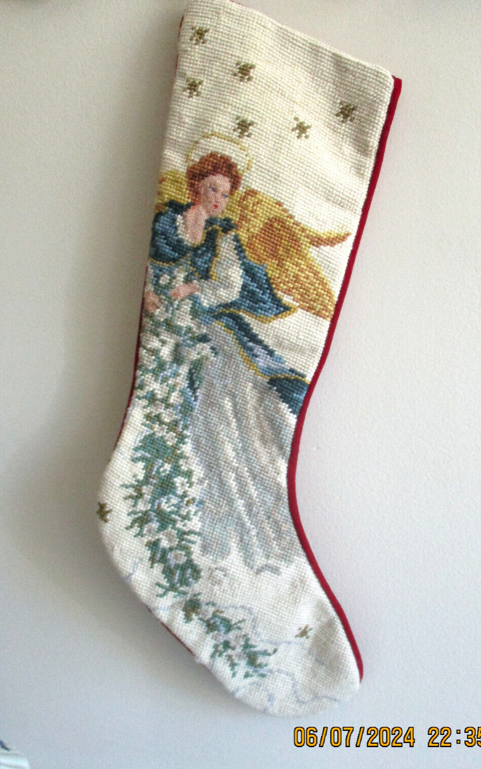 VINTAGE NEEDLEPOINT CHRISTMAS STOCKING ANGEL WITH GOLDEN WINGS  20”