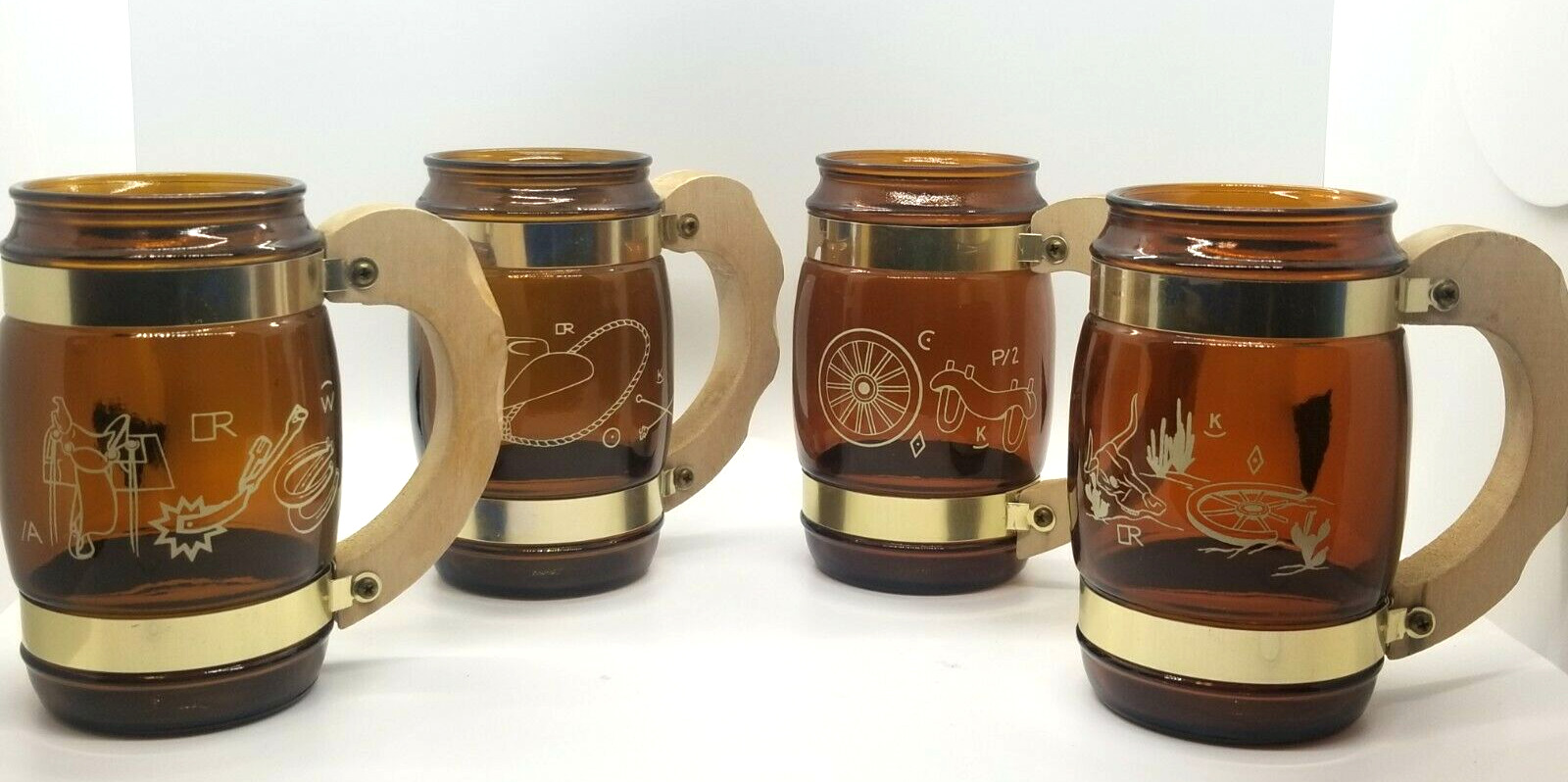 Vtg, Siesta Ware Glass Mugs, Country Style with Wooden Handles, Set of 4 Rare