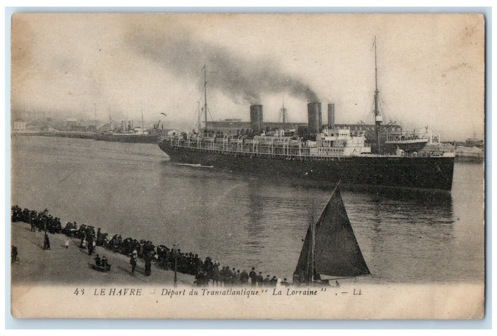 c1910 Departure of the transatlantic La Lorraine Le Havre France Postcard
