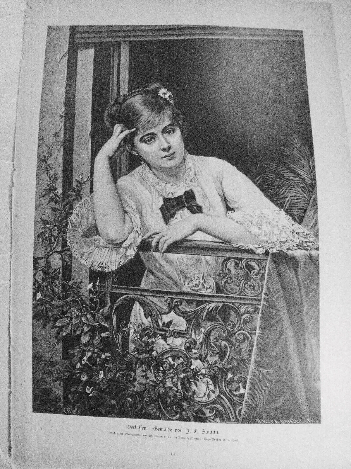 Verlassen, by J. E. Saintin --  1884  -  Original antique print - 16x11 inches.