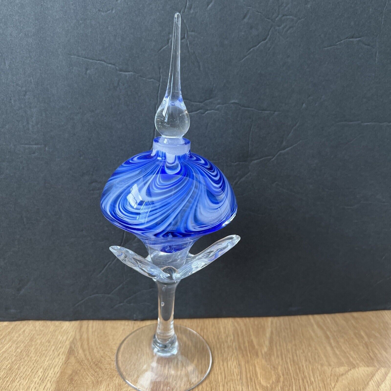 Vtg. Royal Limited Crystal Perfume Bottle. Blue Swirl Art Glass. 10 In Tall.