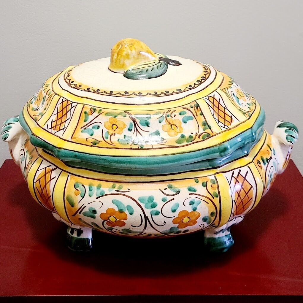 Very Large Pottery Footed Tureen w/ Pear Pull Lid & Scrolled Handles Italy