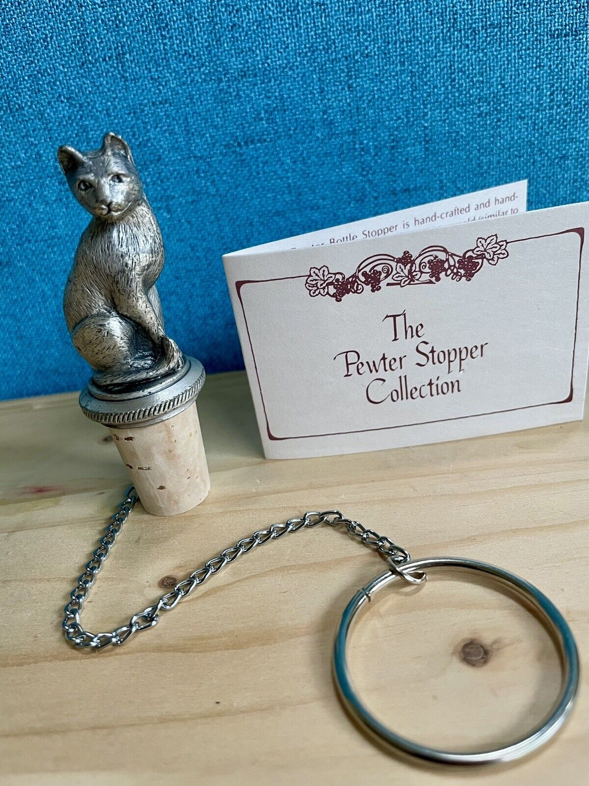 Wine Things Unlimited Pewter Cat Wine Stopper with Cork Ring & Chain