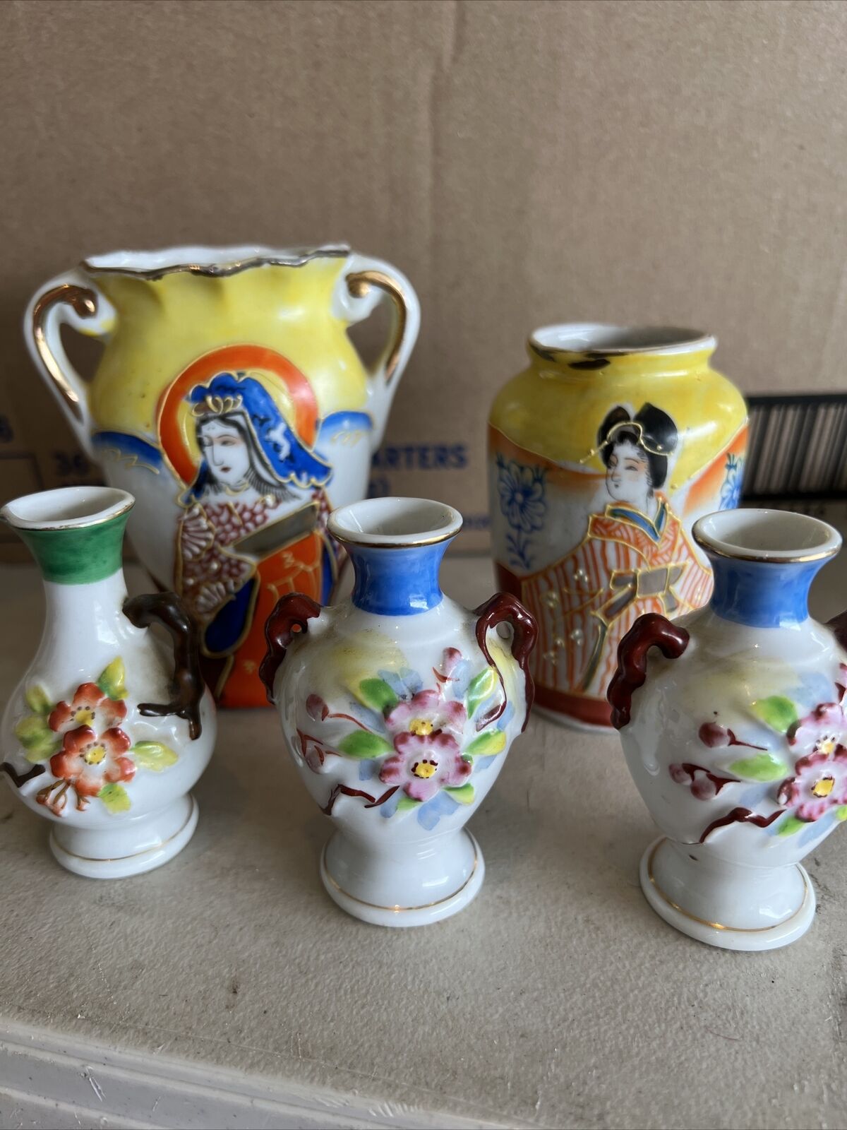 Lot of 5 Vintage Japan Mid Century MINI Bud Vases Hand Painted Porcelain