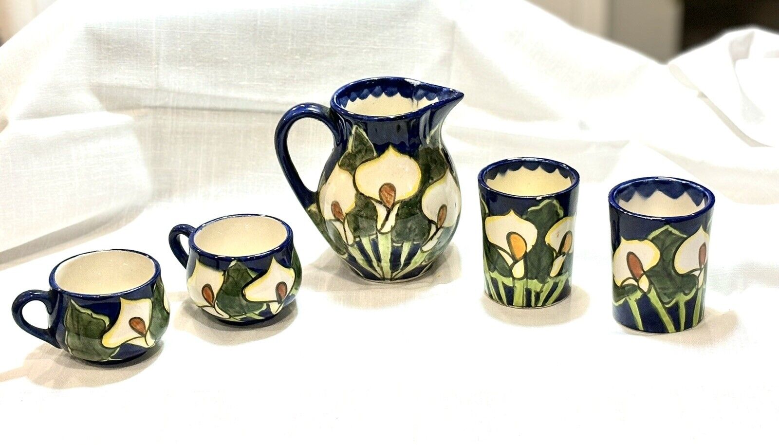 Mexican Folk Art Pottery - Hand Painted Set - Calla Lillies