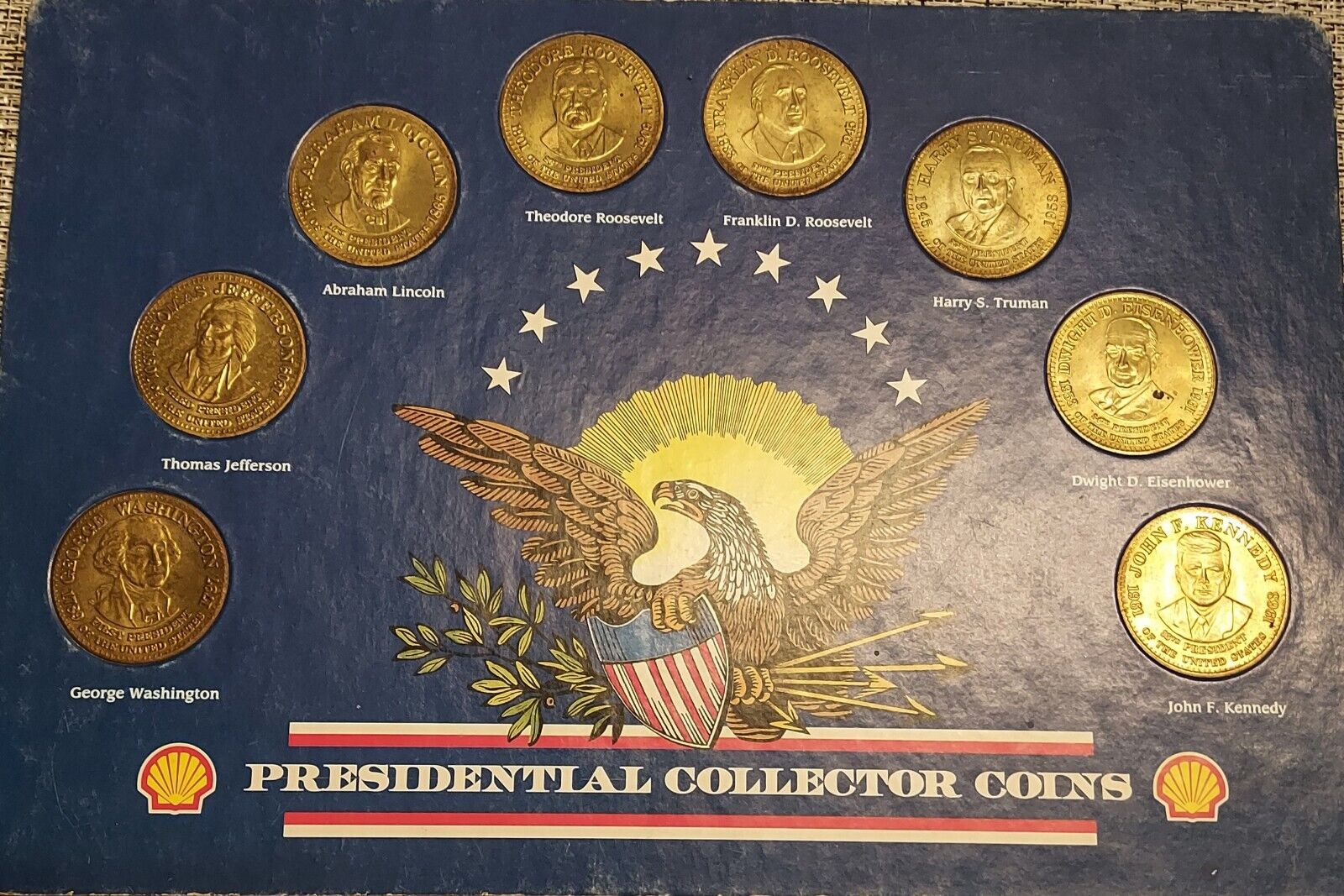 Vintage 1992 Shell Presidential Collector Coins On Display Card Set Of 8 Coins 