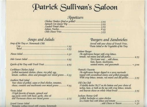 Patrick Sullivan\'s Saloon Circa 1888 Menu Jackson Ave Knoxville Tennessee 1990\'s