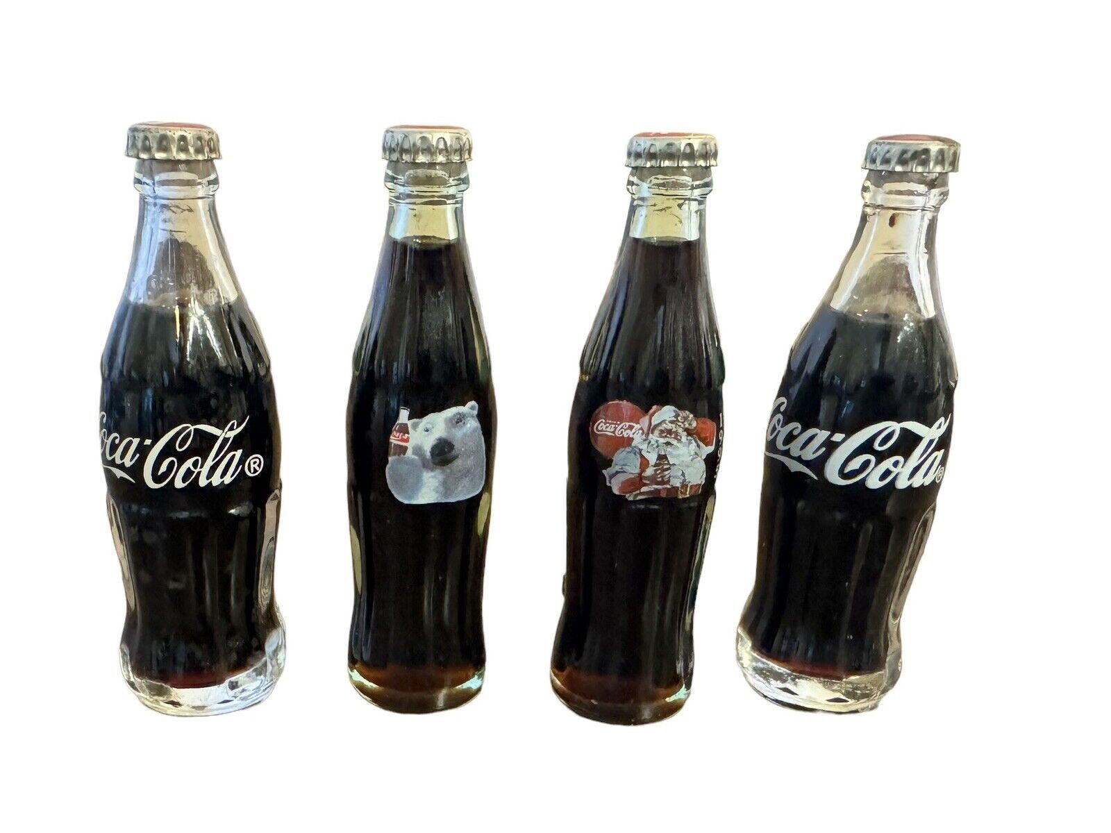 Vintage 3” Tall Coca Cola Glass Bottles With Metal Cap Lot Of 4