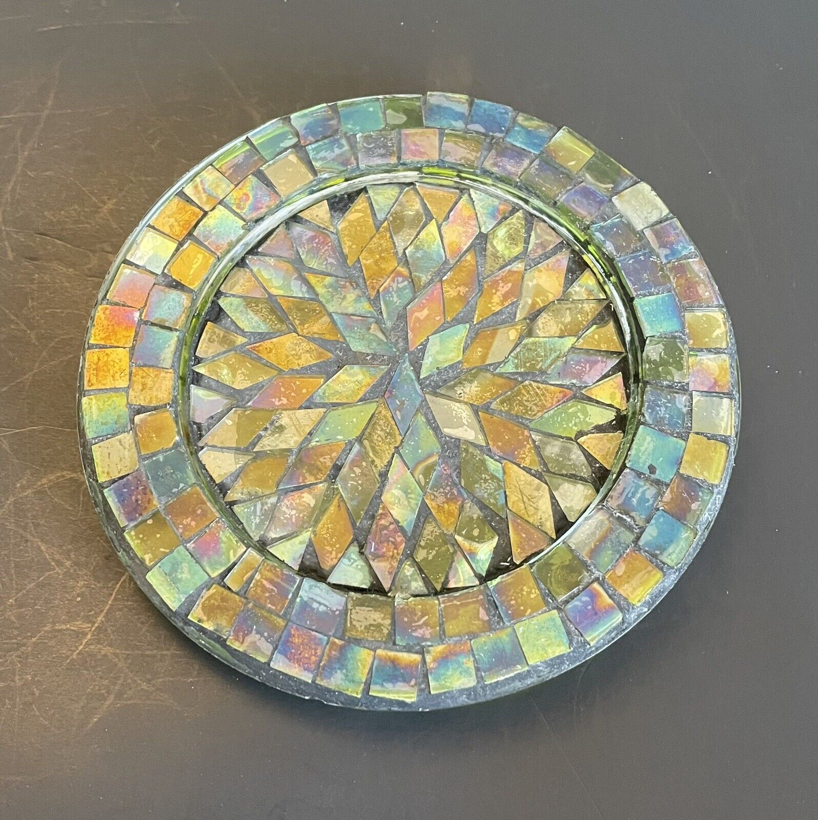 VTG Iridescent Mosaic Candle Multi Purpose Trivet Plate Holder Coastal Green Art