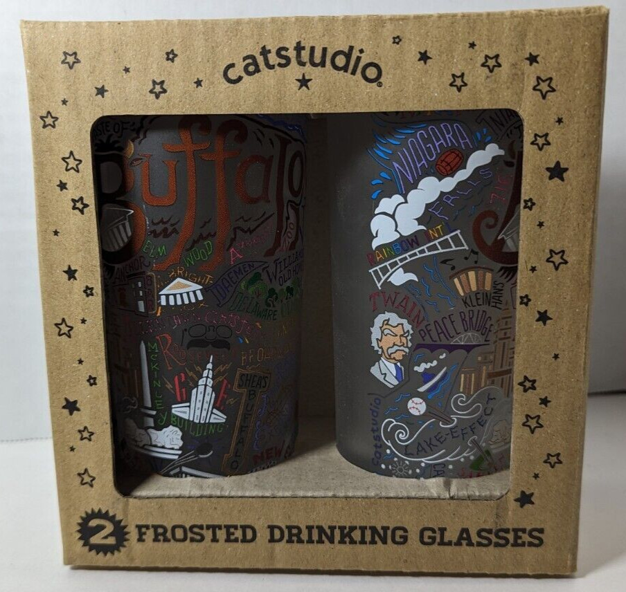 Set of 2 Catstudio BUFFALO NEW YORK Frosted Drinking Glasses 15 oz NEW IN BOX