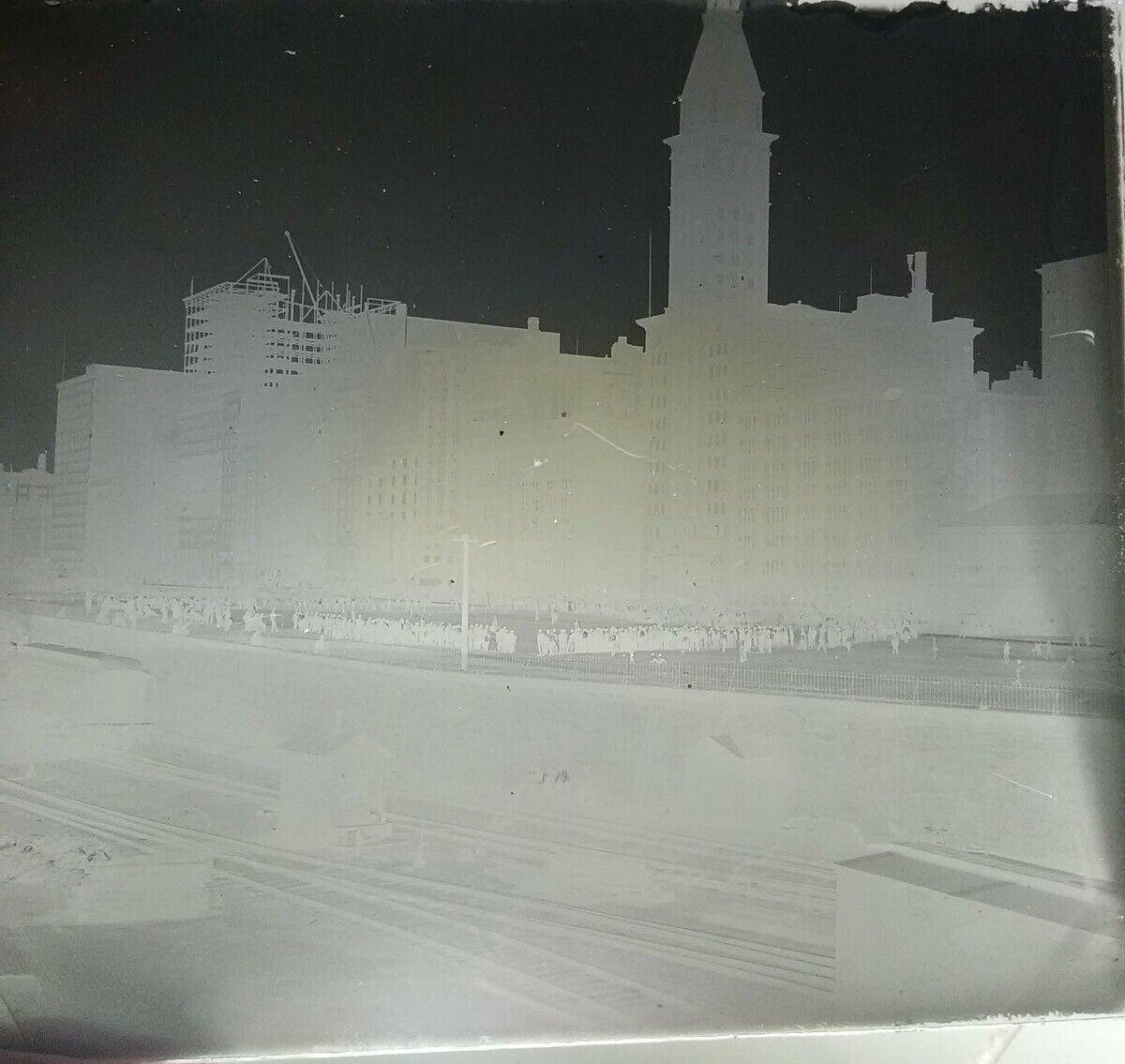 1900's Chicago Mich Ave Montgomery Ward Tower Park Baseball Glass Photo Negative
