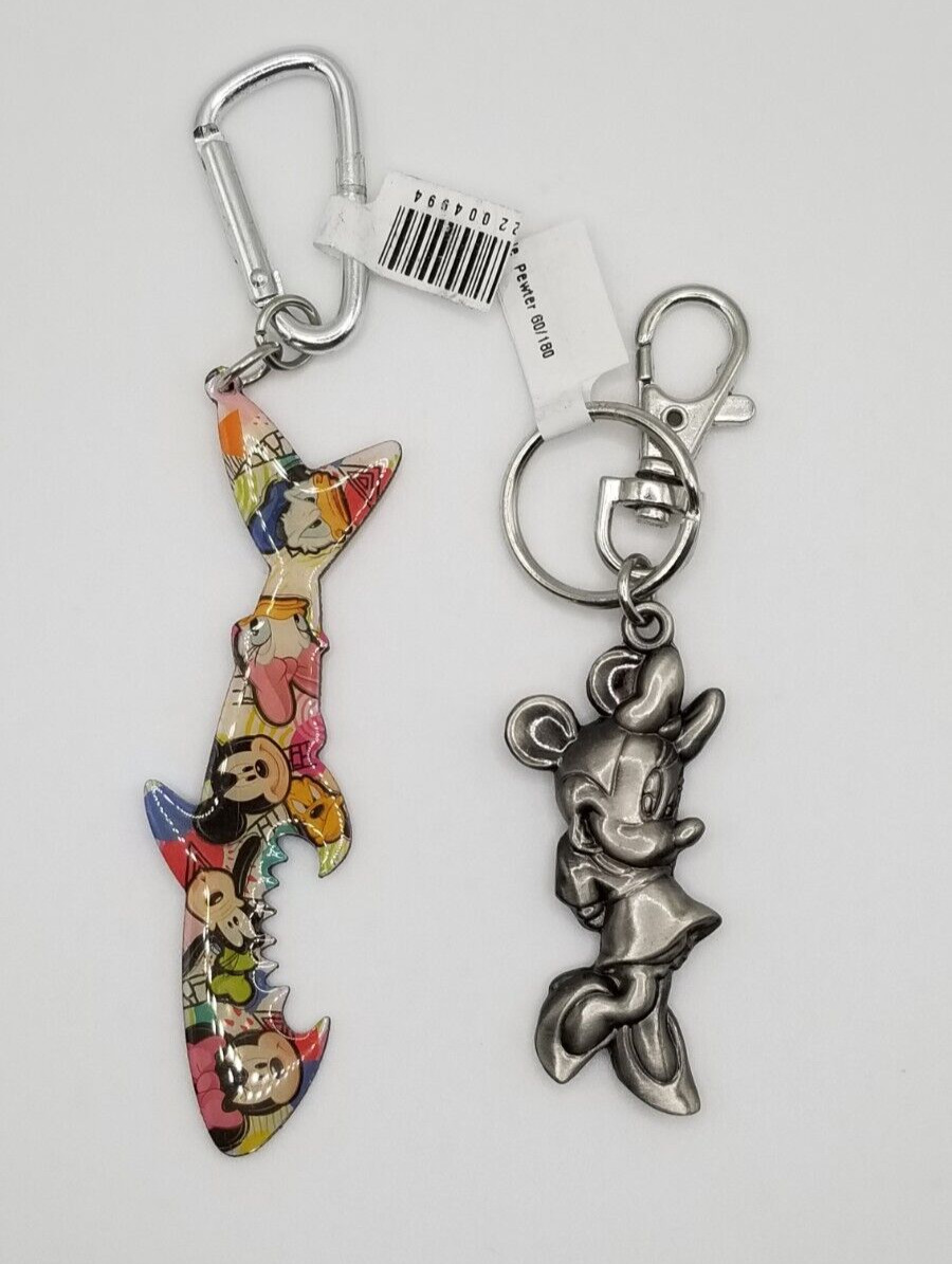 Minnie Mouse Bashful Shy Pewter Keychain Key Chain AND Mickey Gang Bottle Opener