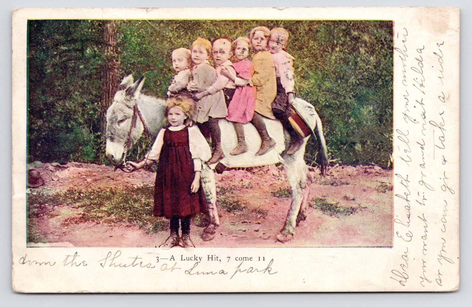 c1900s 1907 Red Heads~Seven Children & Donkey~ Growing Family VTG Postcard