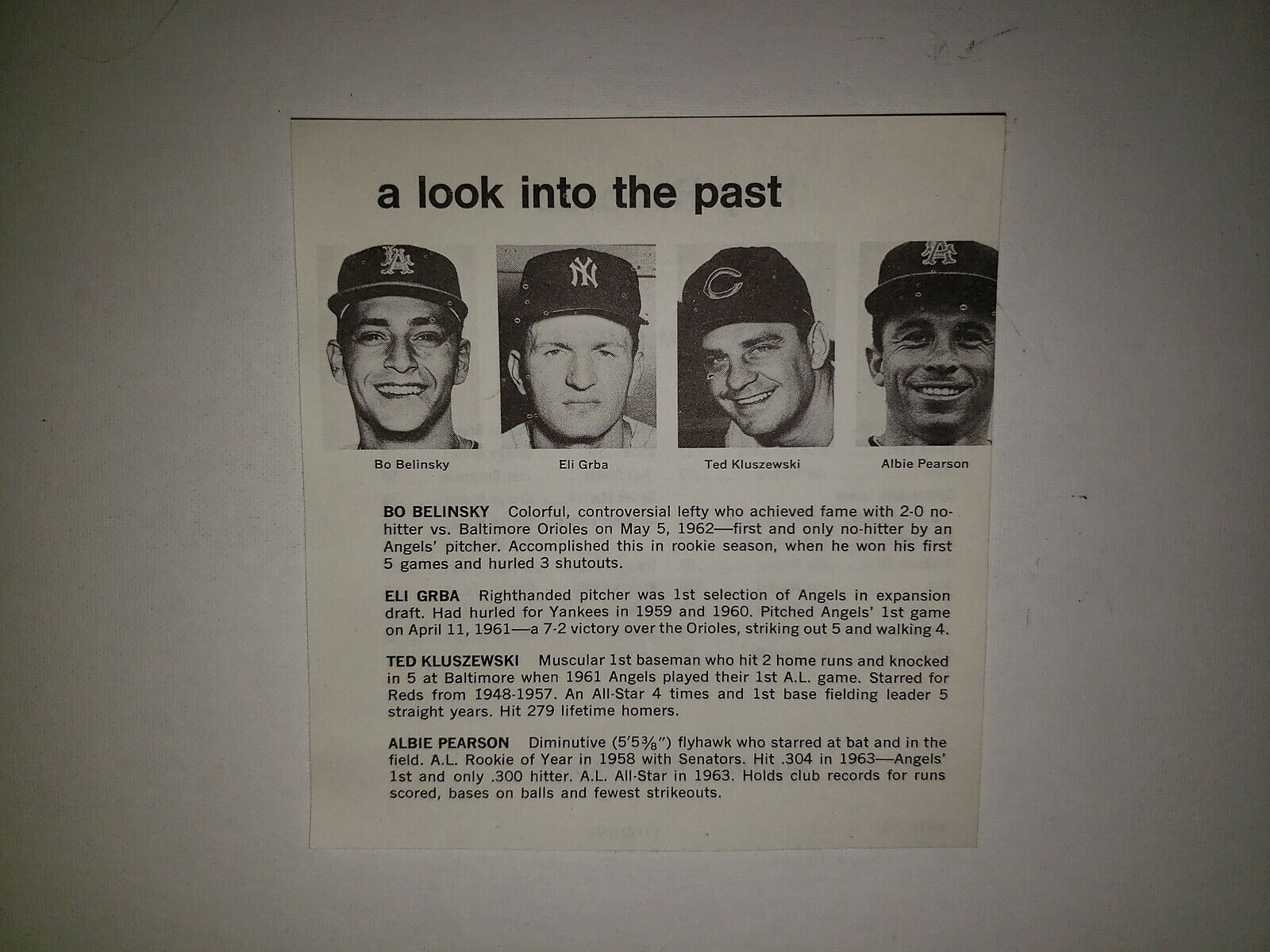 Ted Kluszewski Bo  Belinsky Albie Pearson Eli Grba 1969 Angels MLB Look Past