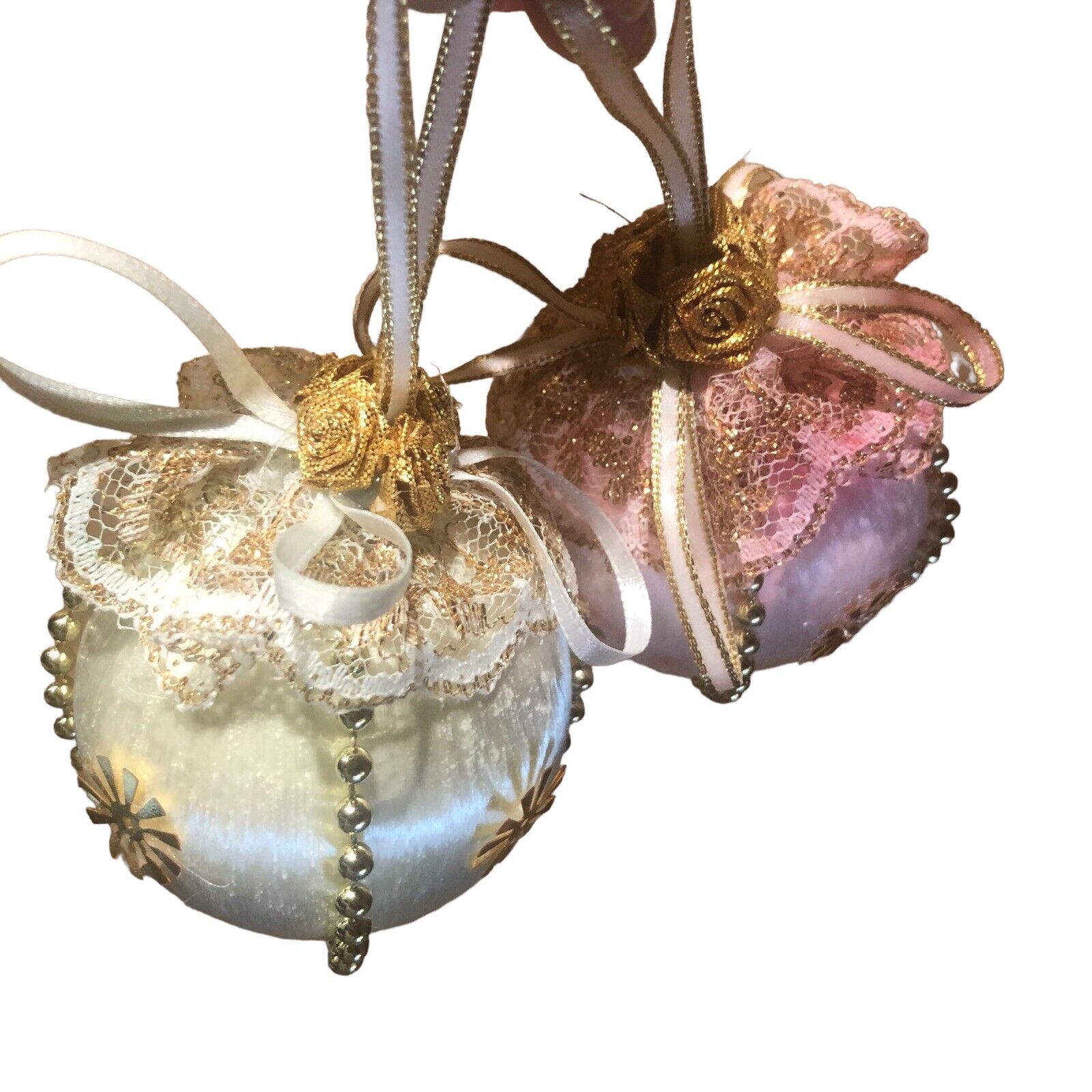 Christmas Ornaments Two Stunning Ivory Gold Roses Lace Fancy Handmade Beads Ball