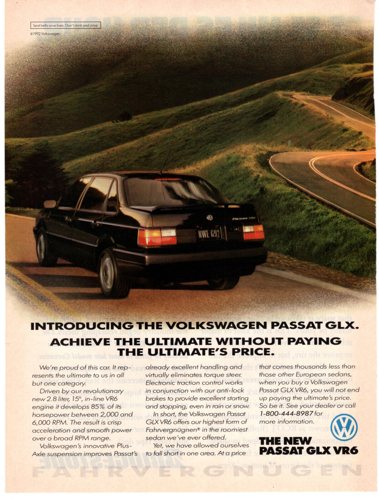 Volkswagen Passat GLX VR6 B3 VW Car 1992 Vintage Print Ad Original Man Cave