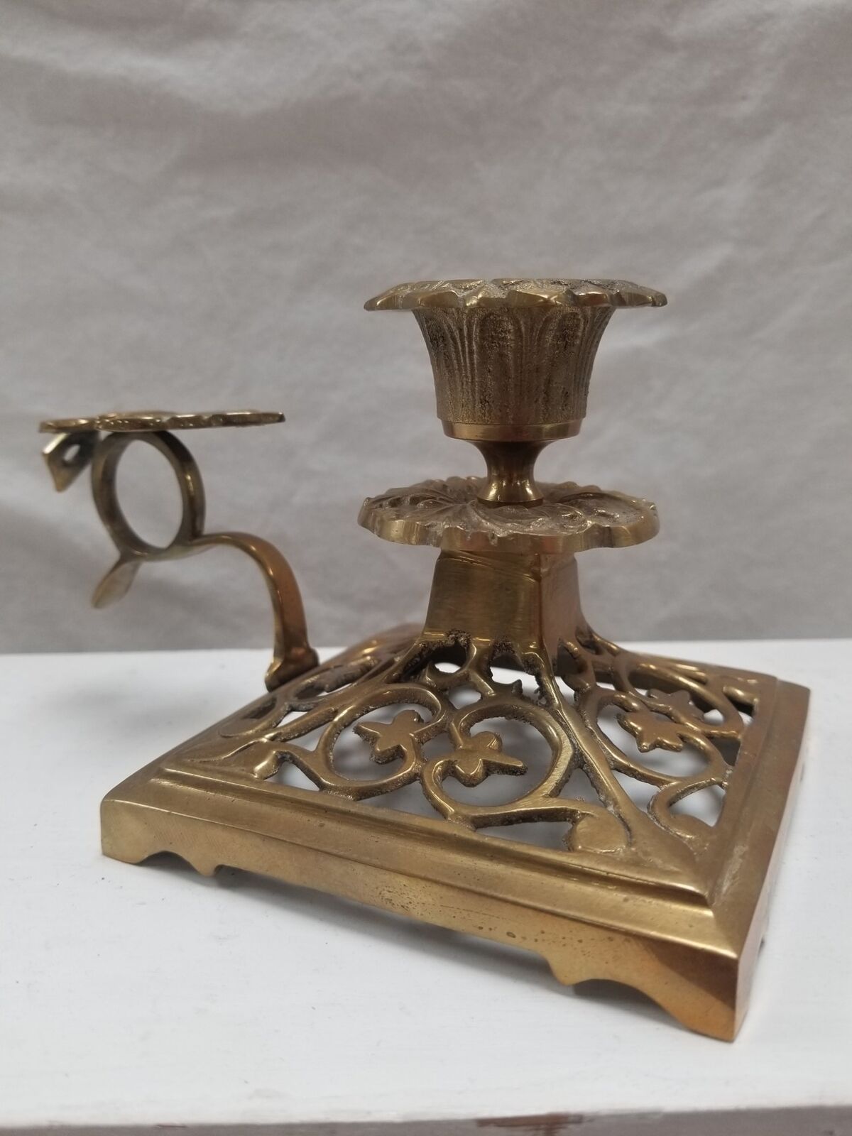 Vintage Solid Brass Art Nouveau Design Candlestick Holder w/ Finger Loop