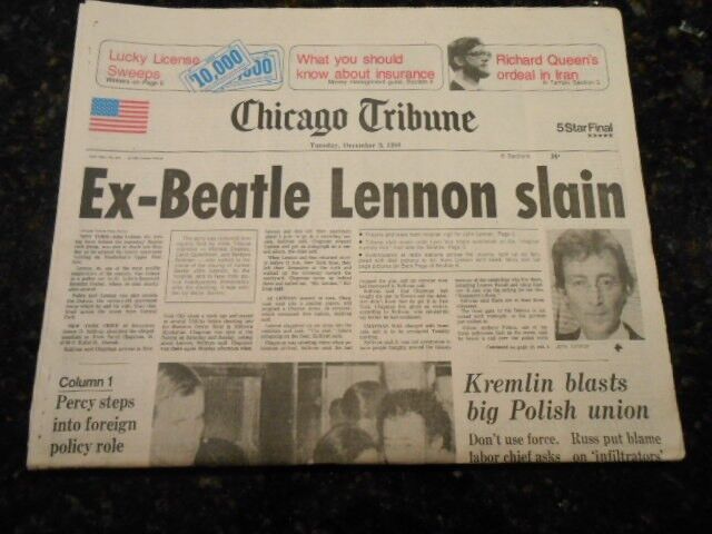 John Lennon's Murder. Paper dated 12-9-80