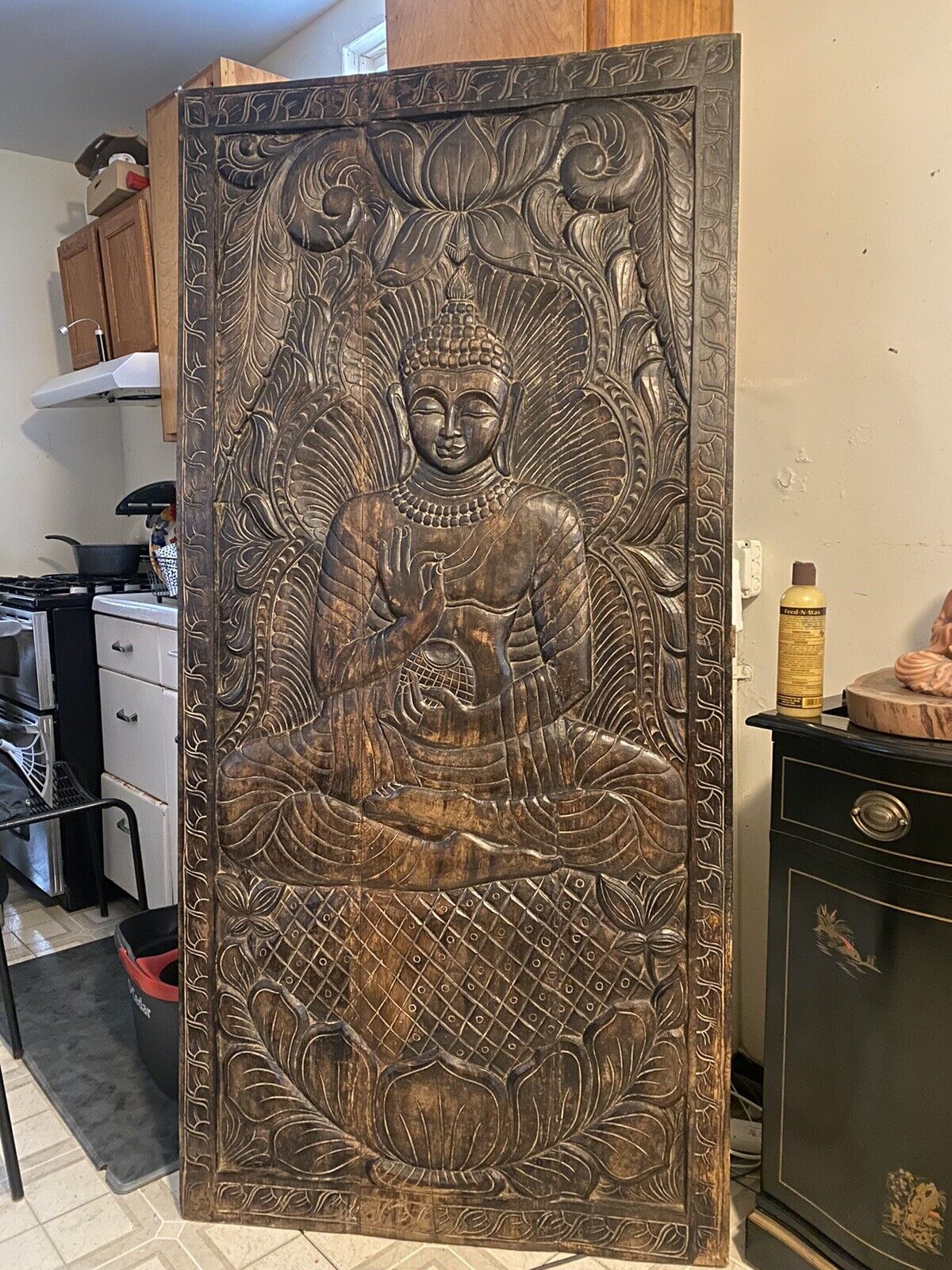 Stunning hand carved buddha door 35” x 72”
