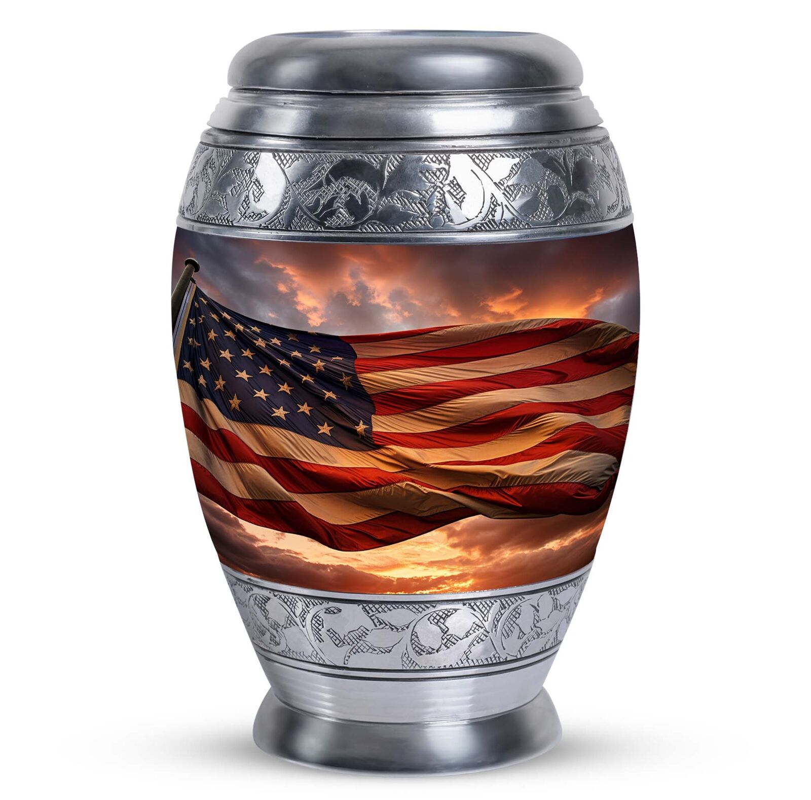 Flag Of The United States Flying High Against The Cloudy Sky (10 Inch) Large Urn