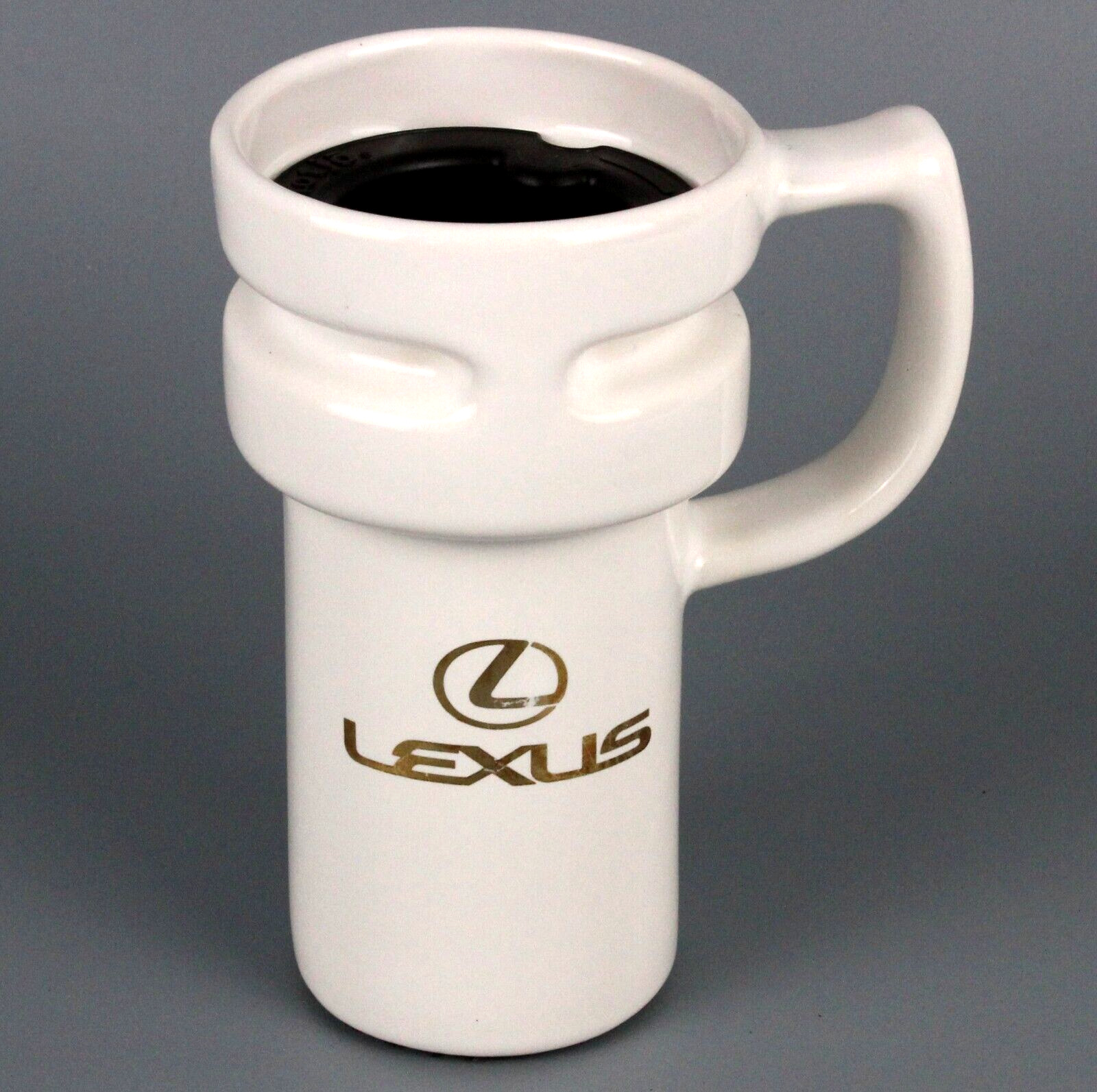 Lexus Travel Mug Vintage White Ceramic Gold Logo with rub hotjo Locking Lid USA