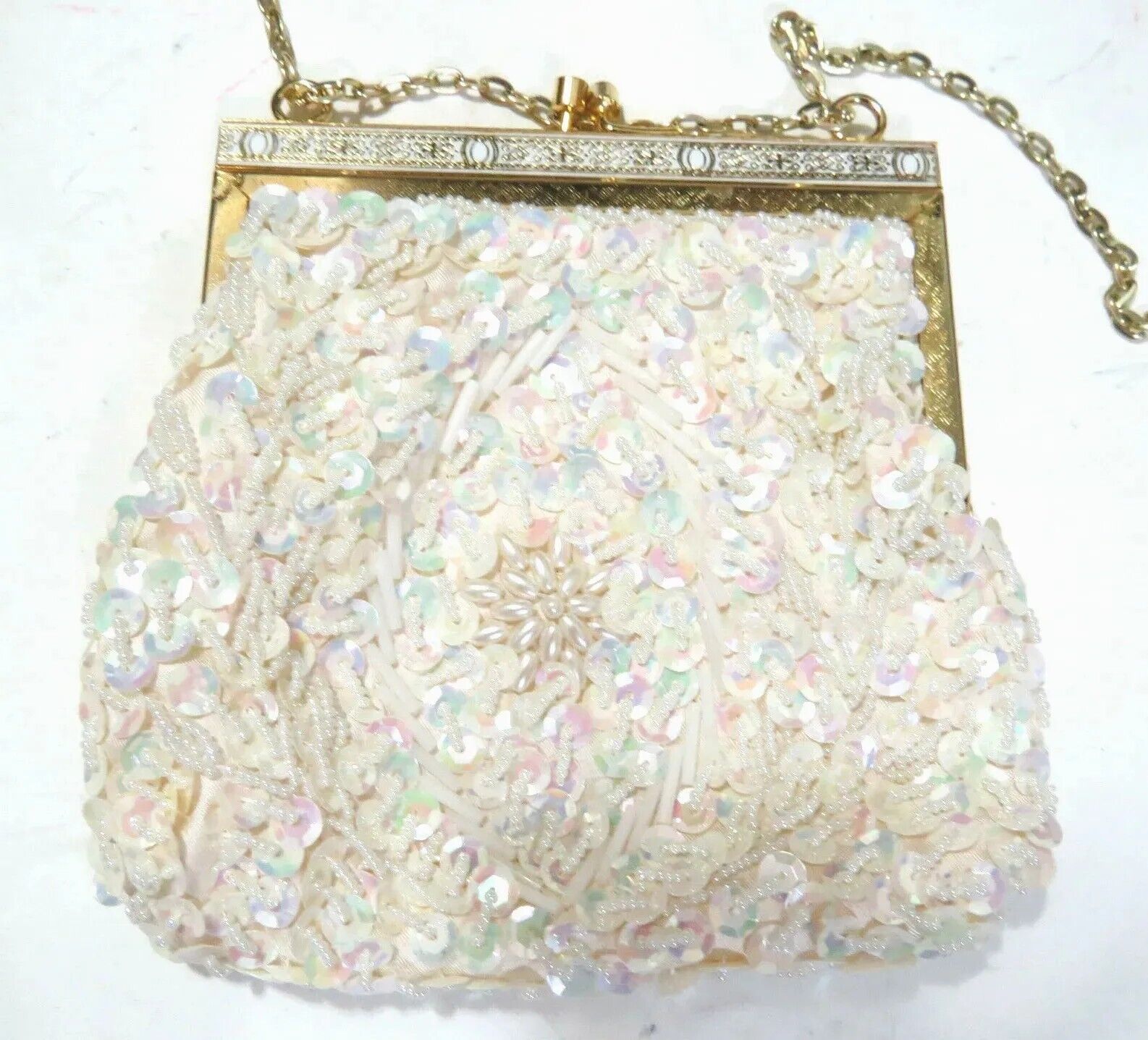 Vintage White Sequin Beaded Pearl Evening Purse Handbag Adj Strap