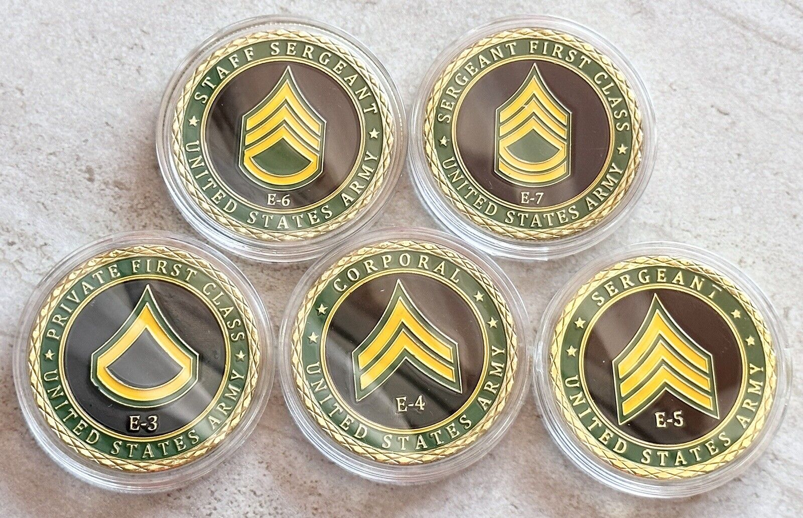 5 Pcs US ARMY Rank E-3, CORPORAL E-4, Sergeant E-5, E-6, E-7 Challenge Coin