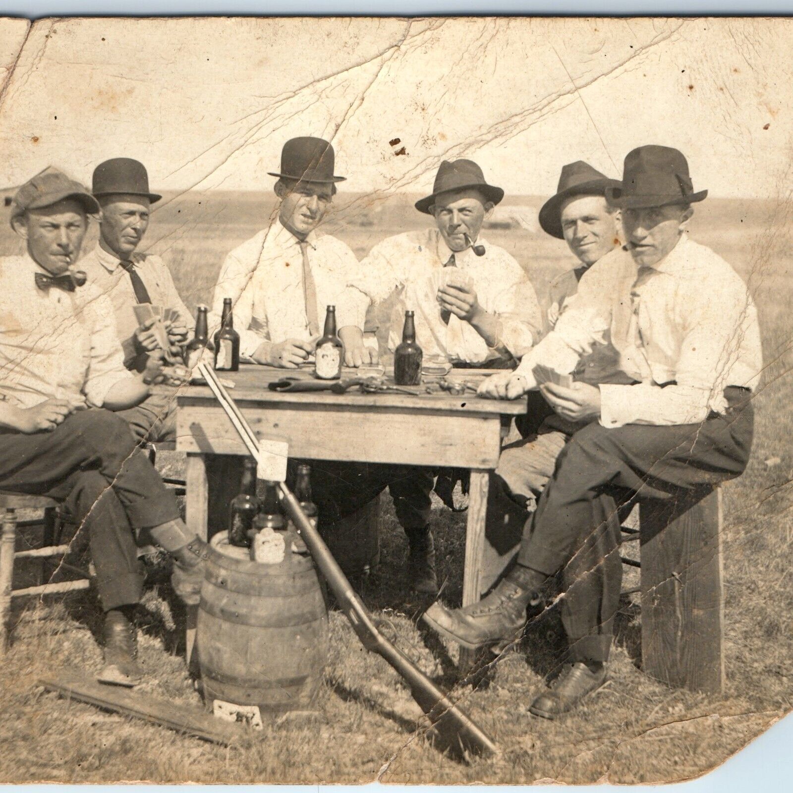 c1910s Cool Group Men Playing Cards RPPC Outdoors Drink Smoke Mafia Gang PC A184