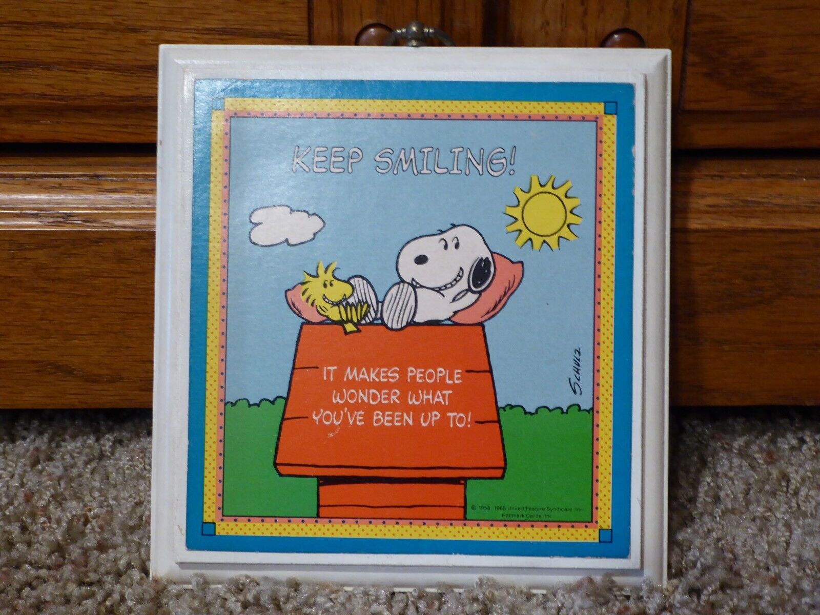 Vintage Hallmark Peanuts Snoopy Keep Smiling  Wood Plaque