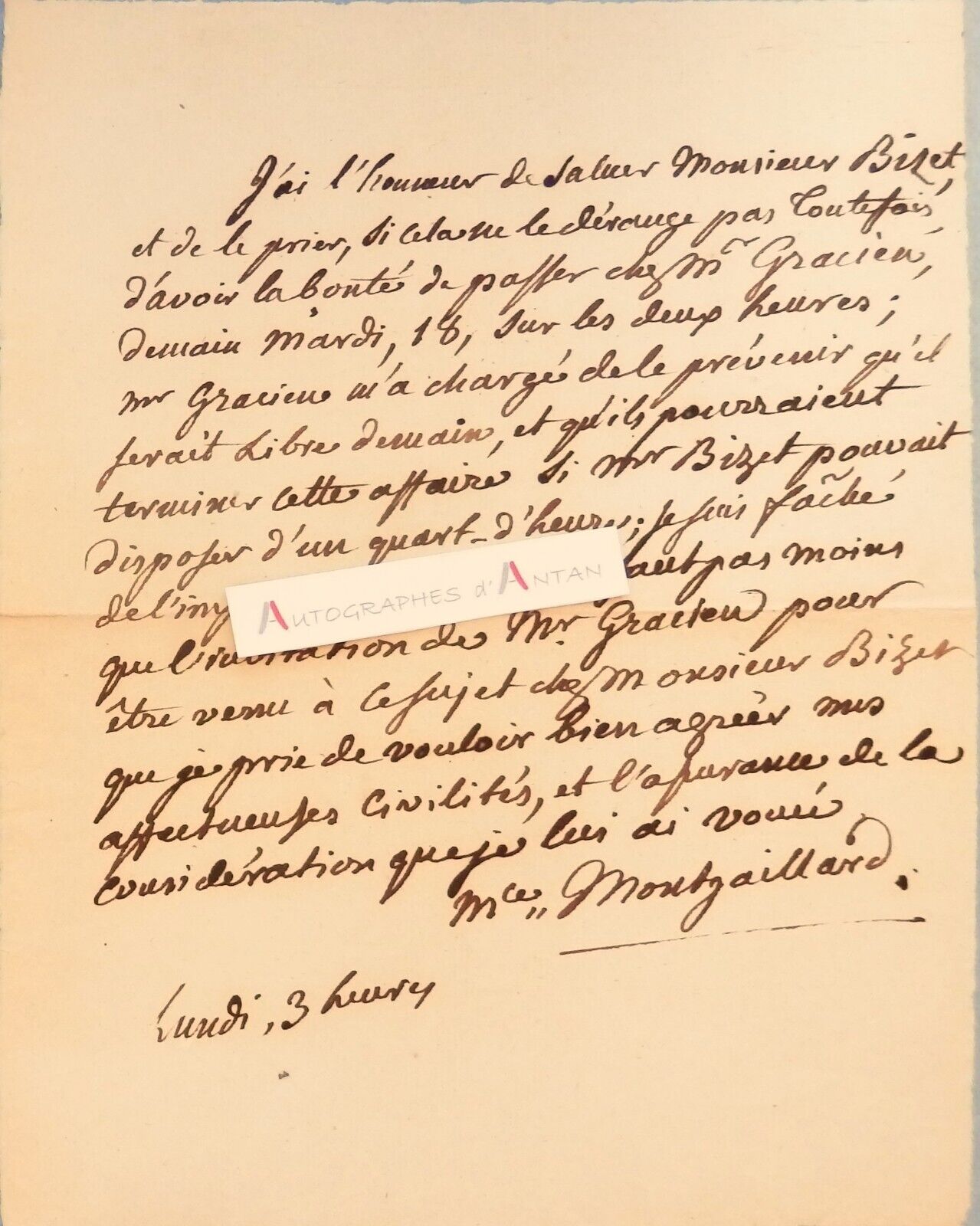 ● L.A.S Comte de MONTGAILLARD (Maurice Rocques, said) Bizet - Gracien - letter