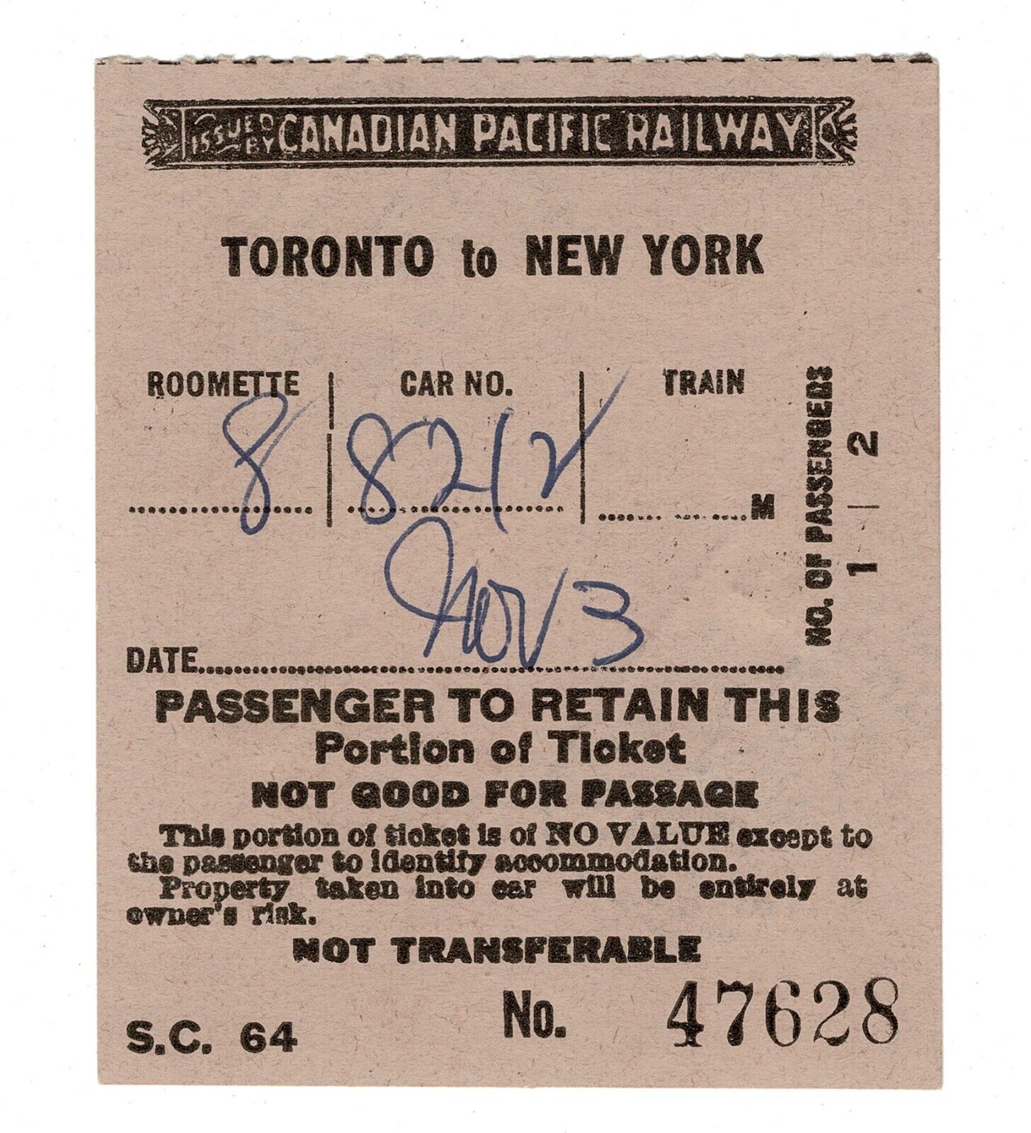 1956 Canadian Pacific Railway Railroad Ticket Stub Toronto to New York CP RY