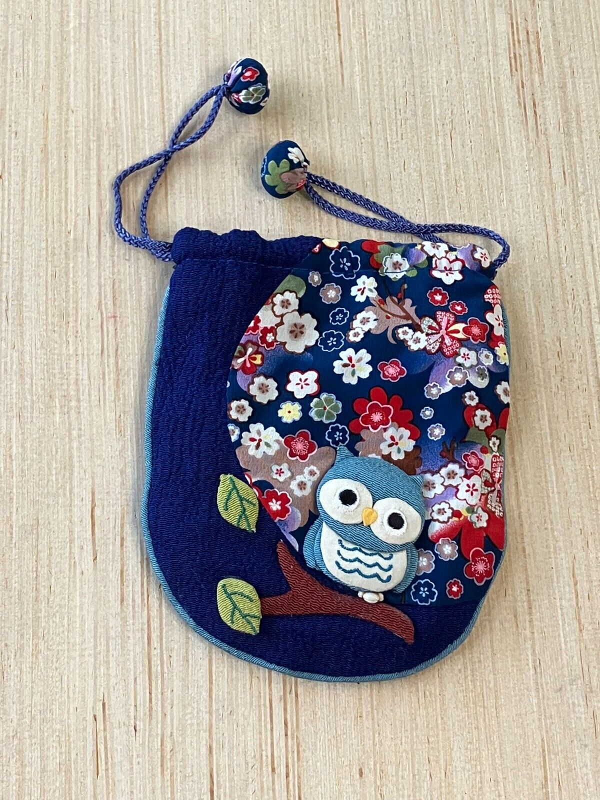 Vintage Silk Drawstring Bag - Handmade in Japan, 3D Owl Applique, Petite & Cute